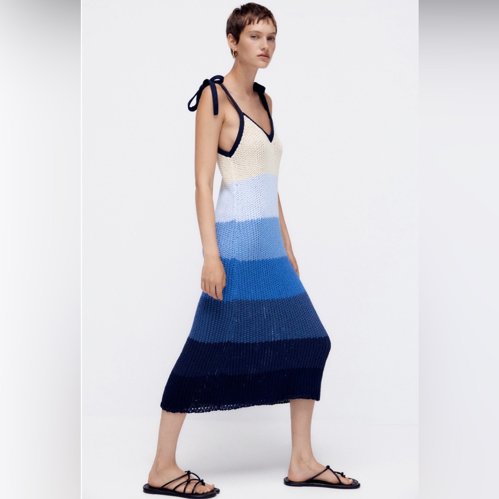 NWT Zara Blue Beige Striped Limited Edition Knit Midi Dress